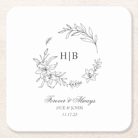 Classic Floral Wreath Monogram Wedding Rechteckiger Pappuntersetzer (Vorderseite)