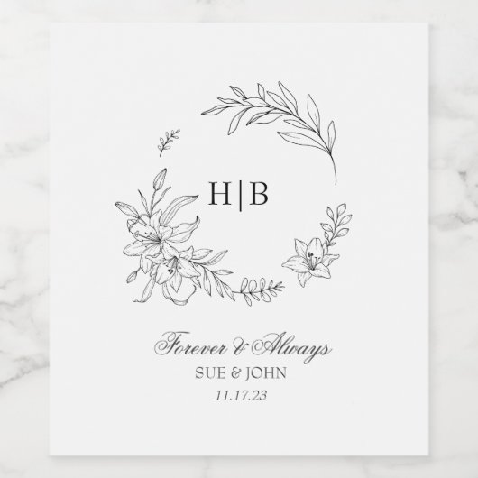 Classic Floral Wreath Monogram Wedding Weinetikett (Einzelnes Label)