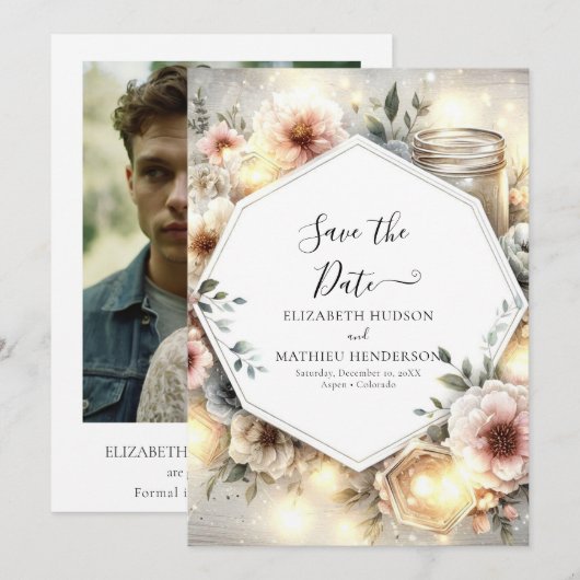 Classic Florals Mason Jar Wedding Save The Date (Vorne/Hinten)