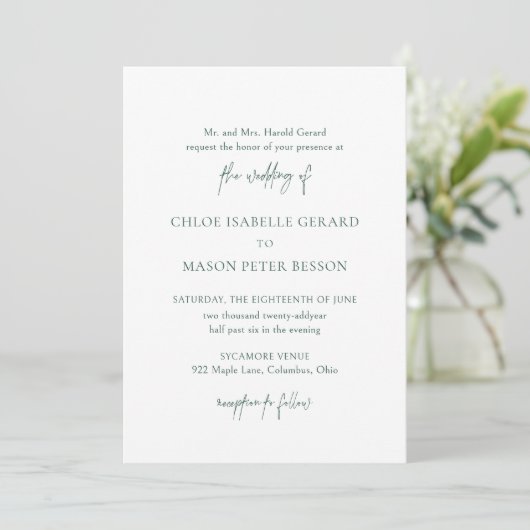 Classic Forest Green Elegante Wedding Einladung (Stehend Vorderseite)