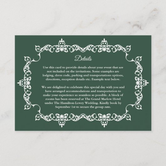 Classic Forest Green Ornately Framed Wedding Begleitkarte (Vorderseite)