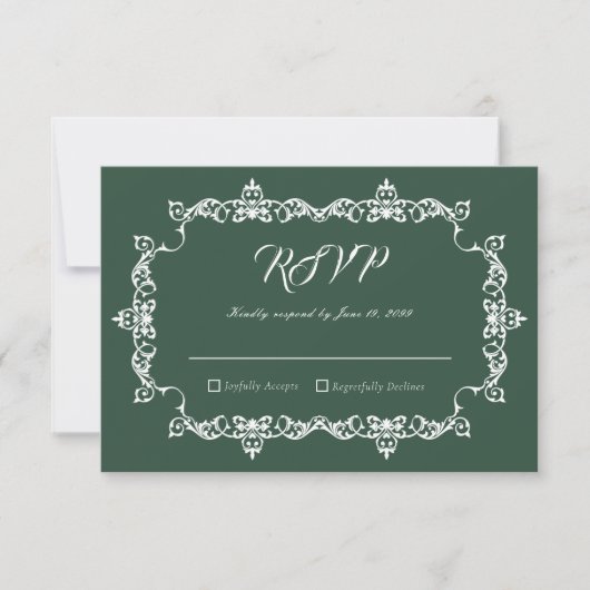 Classic Forest Green Ornately Framed Wedding RSVP Karte (Vorderseite)