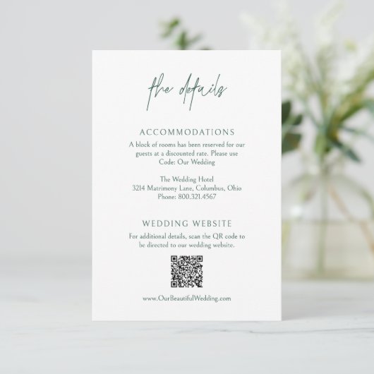Classic Forest Green QR Code Elegante Hochzeit Begleitkarte (Stehend Vorderseite)