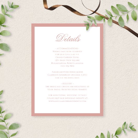 Classic Formal Dusty Rose Script Wedding Details Begleitkarte