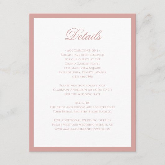 Classic Formal Dusty Rose Script Wedding Details Begleitkarte (Vorderseite)