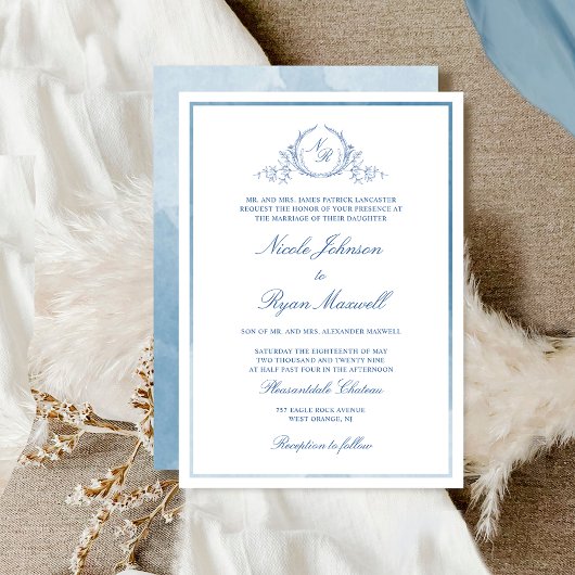 Classic formale Blue Monogram Wedding Einladung