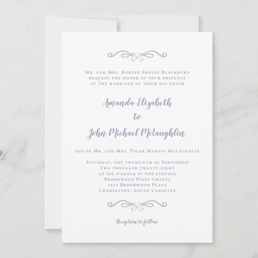 Classic formale Elegant Dusty Blue Script Wedding Einladung (Vorderseite)