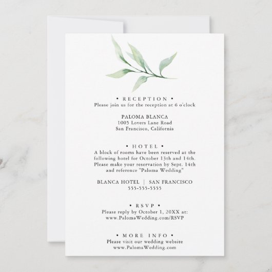 Classic formale grüne Blätter Back & Front Wedding Einladung (Rückseite)