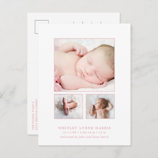 Classic Foto Collage Pink Baby Girl Birth Ankündigungspostkarte (Vorne/Hinten)