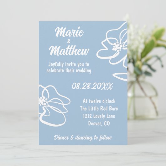 Classic Foto French Blue Floral Wedding Einladung (Stehend Vorderseite)