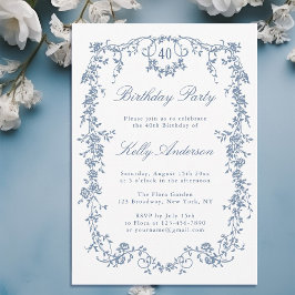 Classic French Blue Floral 40. Geburtstag Party Einladung