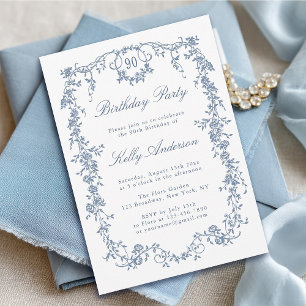 Classic French Blue Floral 90. Geburtstagsparty Einladung