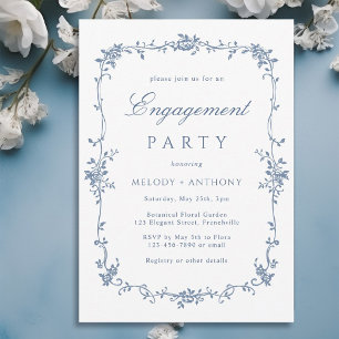 Classic French Blue Floral Engagement Party Einladung