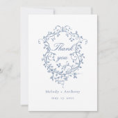 Classic French Blue Floral Wappen Wedding Foto Dankeskarte (Vorderseite)