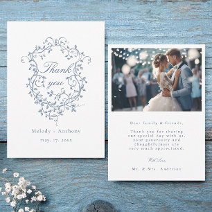 Classic French Blue Floral Wappen Wedding Foto Dankeskarte