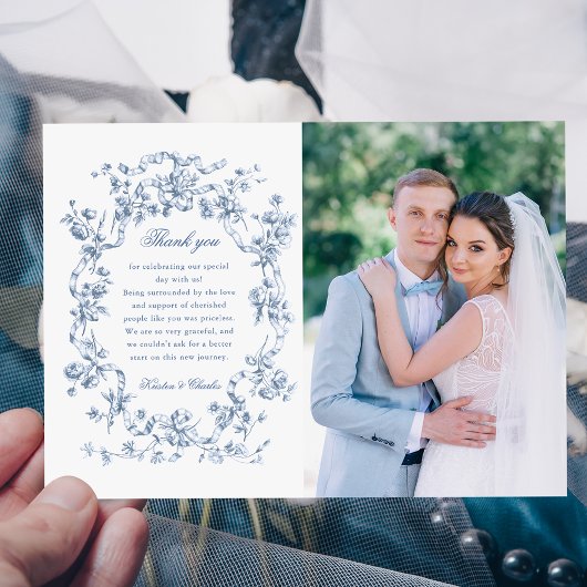Classic French Blue Flowers & Ribbons Photo Dankeskarte