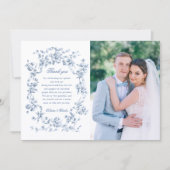 Classic French Blue Flowers & Ribbons Photo Dankeskarte (Vorderseite)