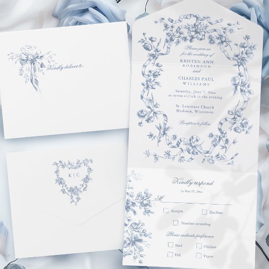 Classic French Blue Flowers & Ribbons Wedding All In One Einladung