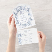 Classic French Blue Flowers & Ribbons Wedding All In One Einladung (Abreißen)