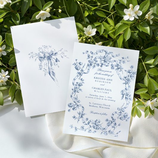 Classic French Blue Flowers & Ribbons Wedding Einladung