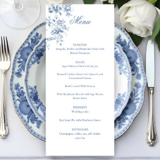 Classic French Blue Flowers & Ribbons Wedding Menükarte