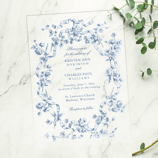 Classic French Blue Flowers & Ribbons Wedding Pergament Einladungen