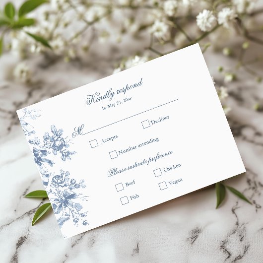 Classic French Blue Flowers & Ribbons Wedding RSVP Karte