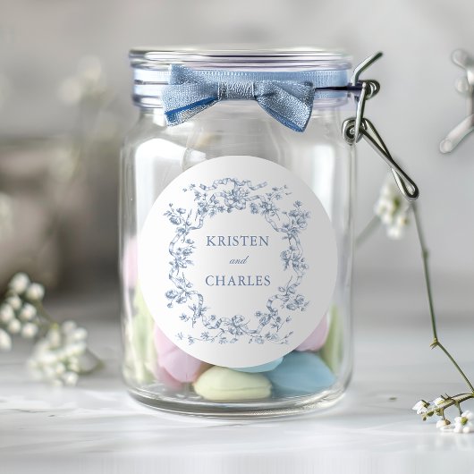 Classic French Blue Flowers & Ribbons Wedding Runder Aufkleber