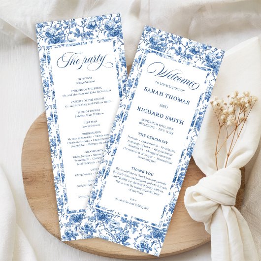 Classic French Blue Roses Toile Wedding Program Programm