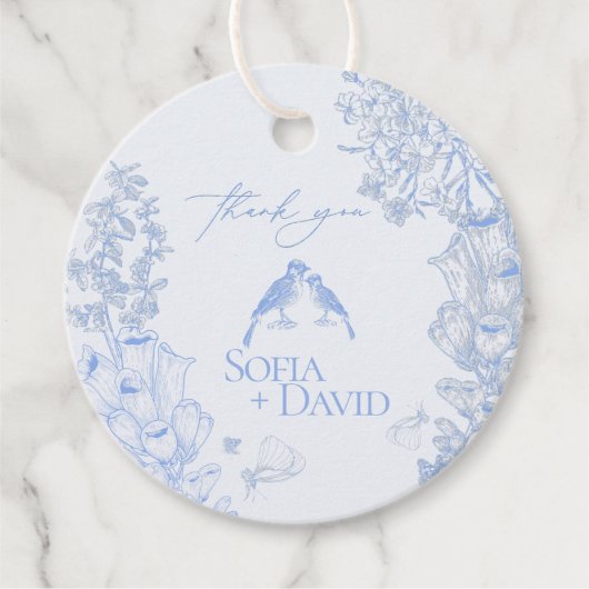 Classic French Blue White Floral Birds Wedding Geschenkanhänger (Vorderseite)