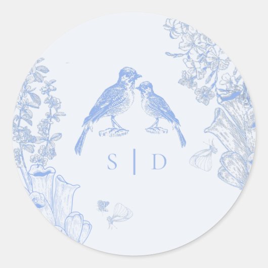 Classic French Blue White Floral Birds Wedding  Runder Aufkleber (Vorderseite)