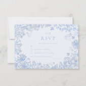 Classic French Blue White Floral Wedding RSVP Karte (Vorderseite)