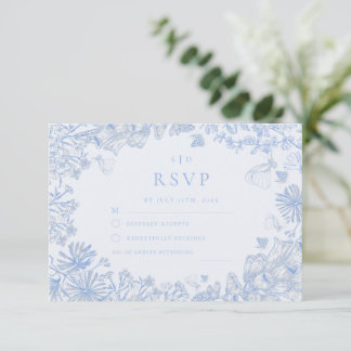 Classic French Blue White Floral Wedding RSVP Karte