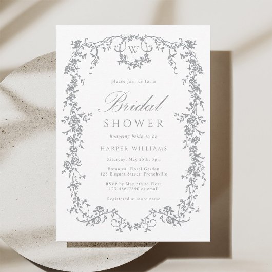 Classic French Floral Gray Bridal Shower Einladung