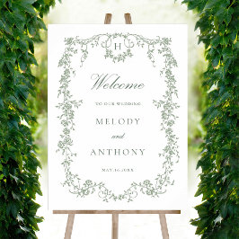 Classic French Floral Sage Green Wedding Willkomme Poster