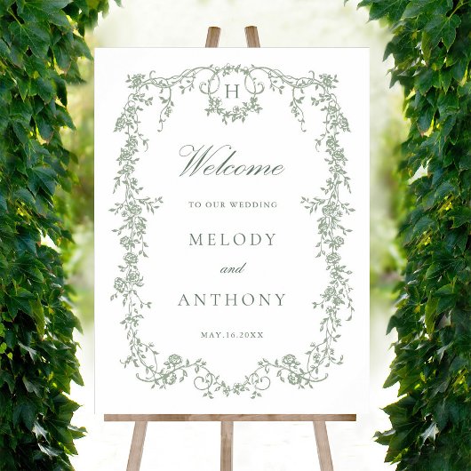 Classic French Floral Sage Green Wedding Willkomme Poster