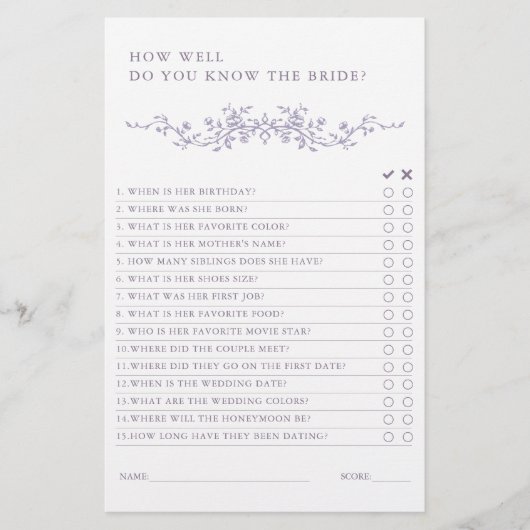 Classic French Lavender Bridal Shower Game  (Vorderseite)