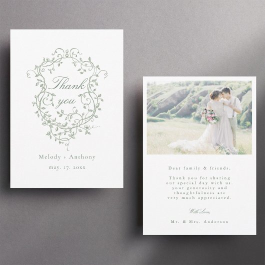 Classic French Sage Green Floral Wappen Foto Dankeskarte