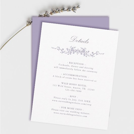 Classic French Victorian Lavender Wedding Details Begleitkarte