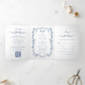 Classic French Viktorianisch Blue Floral Wedding Dreifach Gefaltete Einladung (Innenseite)