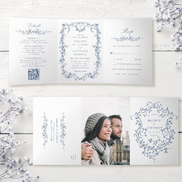 Classic French Viktorianisch Blue Floral Wedding Dreifach Gefaltete Einladung