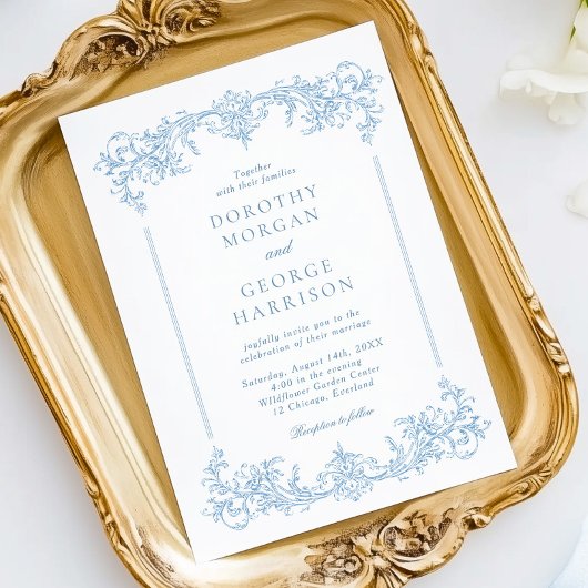 Classic French Viktorianisch Dusty Blue Wedding Einladung