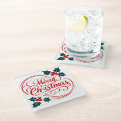 Classic Frohe Weihnachten Holly Berry Holiday Art Glasuntersetzer (Schrägansicht)
