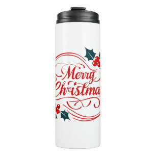 Classic Frohe Weihnachten Holly Berry Holiday Art Thermosbecher