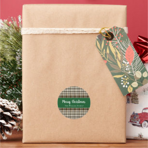 Classic Frohe Weihnachten Kariert Grün Weiß Runder Aufkleber