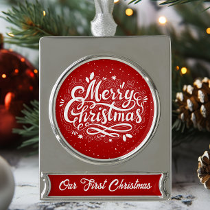 Classic Frohe Weihnachten Unser erstes Weihnachten Banner-Ornament Silber