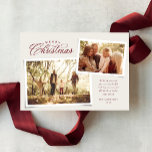 Classic Frohe Weihnachten zwei Foto eleganter Maro<br><div class="desc">Schenken Sie Weihnachtsjubeln in diesem Jahr mit dieser schlichten und eleganten Maroon und cremefarbenen Zwei-Foto-Urlaubskarte. Die wunderschöne Weihnachtsbehandlung wird mit zwei Fotos im Scrapbook-Stil kombiniert. Die festliche und elegante Urlaubskarte verfügt auch über einen Bereich für eine individuelle Nachricht über dem Namen und dem Jahr. Der passende Mond-Backer ist mit einem...</div>