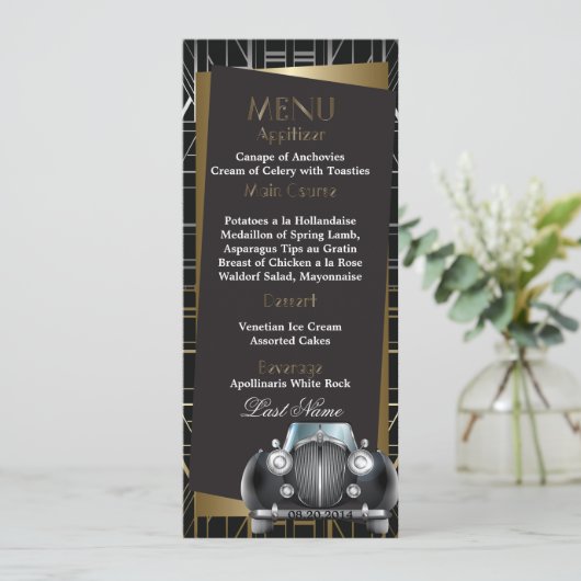 Classic Gatsby Deko Black Limo Wedding Menu Menükarte (Stehend Vorderseite)