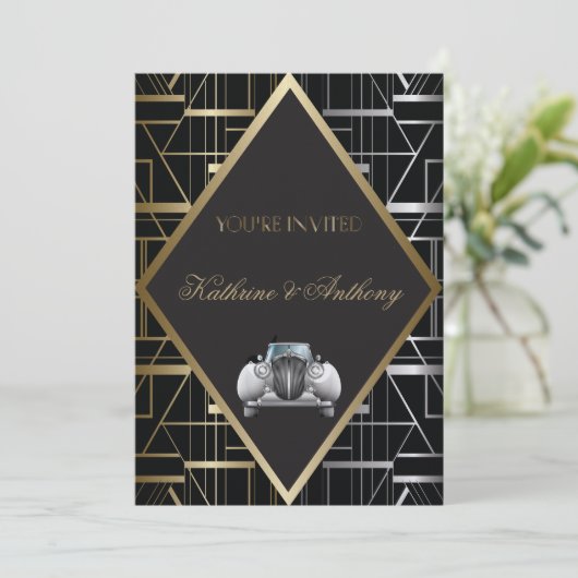 Classic Gatsby Deko Wedding Einladung (Stehend Vorderseite)