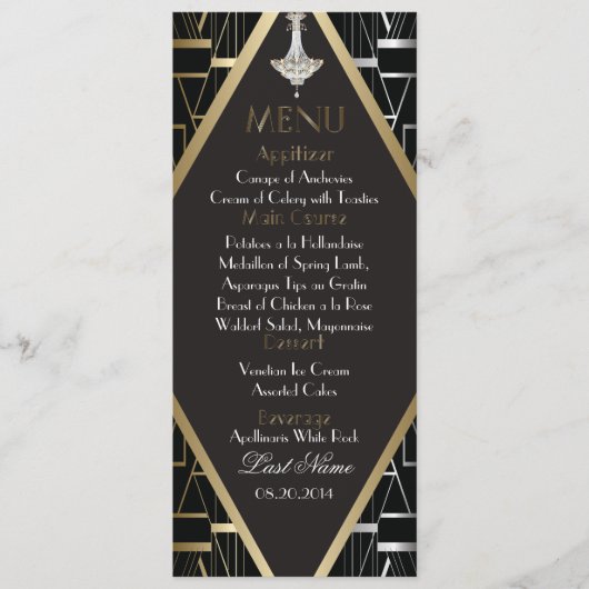 Classic Gatsby Deko Wedding Menu Chandelier Menükarte (Vorderseite)